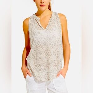 Athleta 100% Linen Taupe Newport Medallion Racetrack Split Neck Tank Top XS